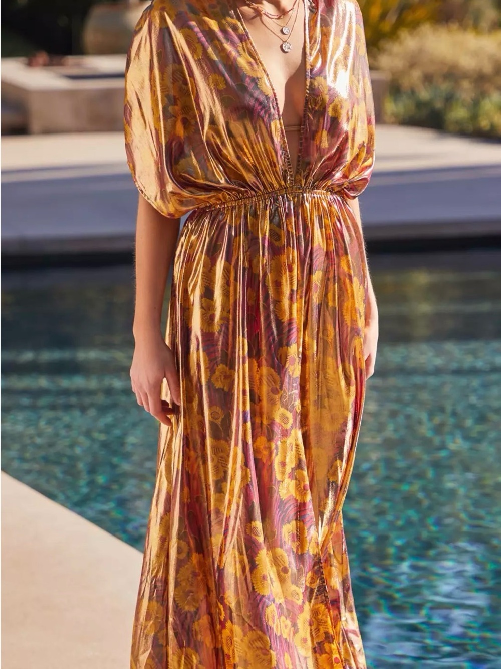 NWT Anthropologie Metallic Floral Maxi Dress in Gold and Purple